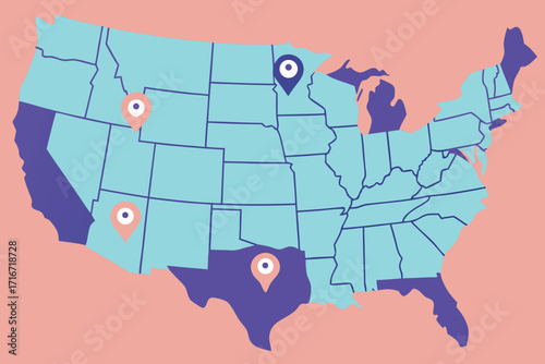 USA map with pastel colors and location pins united states america map of