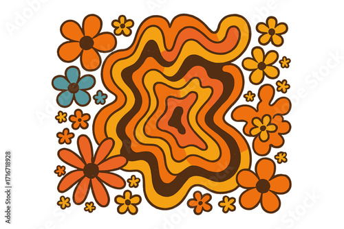 Groovy 70s floral background with hippie flowers. Psychedelic abstract liquid shapes. Retro summer graphic for tee print. Nostalgic 1970s style vector illustration.