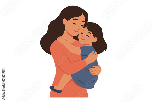 Mother lovingly hugging her daughter. Mom holding child in arms. Happy Mother's Day concept. Family love, care, and tenderness vector illustration for card, poster or print.