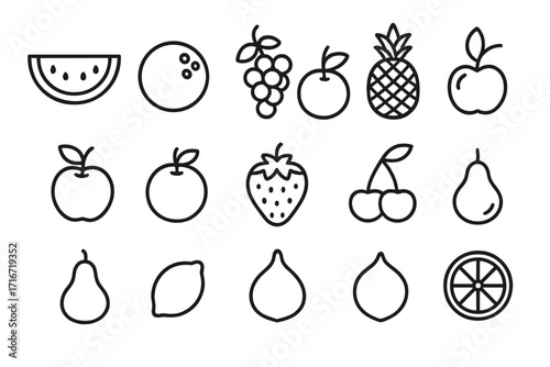 Watermelon coconut grape and mixed fruit icons bundle with editable stroke minimalistic linear design set for cards apps banners posts vector cartoon illustration