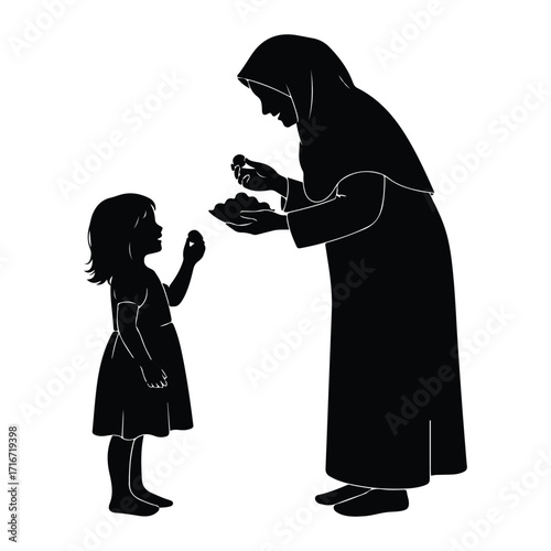 Woman offering treats to child silhouette
