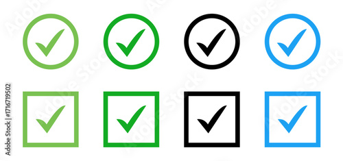 Tick Check Mark Icon Set in Circle and Square Shapes – Green, Black, and Blue Vector Symbols