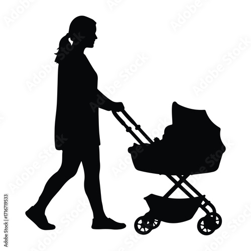 Woman pushing baby stroller silhouette