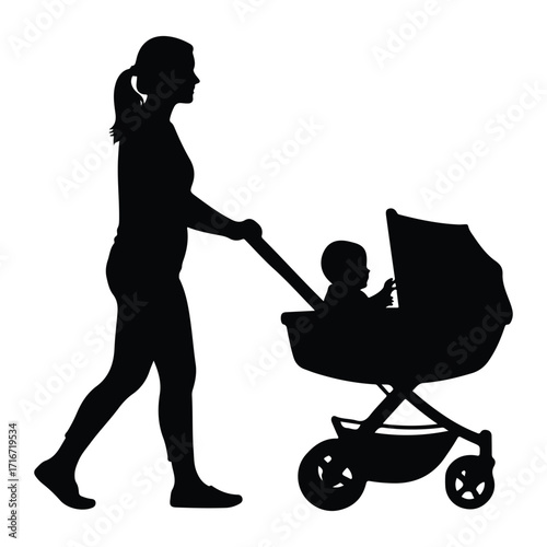 Woman pushing baby stroller silhouette walking