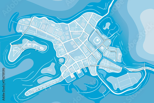 Blue and White Abstract City Map with Water Keywords: city map, abstract, illustration, map of