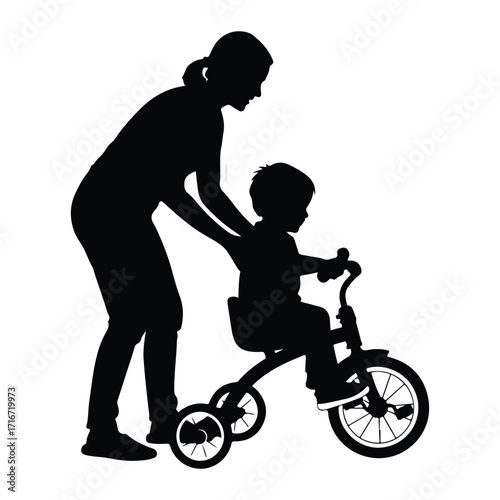 Woman teaching child to ride tricycle silhouette learning