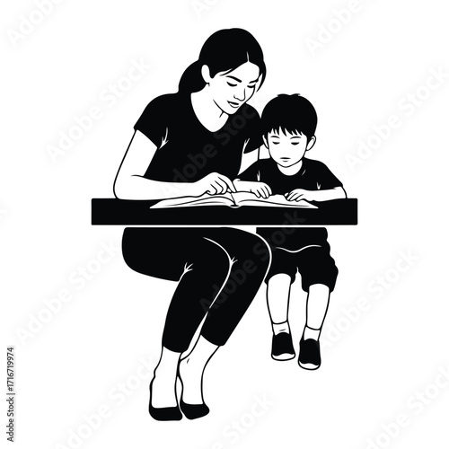 Woman teaching boy reading book child