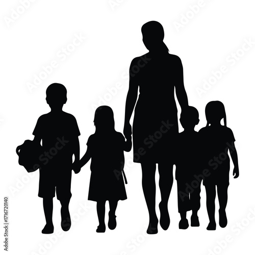 Woman walking with children silhouette holding hands
