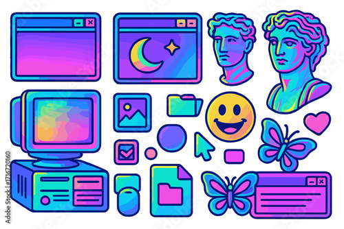 Y2K neon retro computer aesthetic elements set, vibrant psychedelic Greek sculptures, colorful 90s-00s style PC panels, user interface icons, emojis, butterflies, vintage tech graphics vector