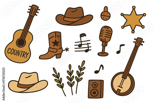 Hand-drawn Country Music Elements Set with Guitar, Cowboy Hats, Boots, Microphone, Sheriff Badge, Banjo, Music Notes, and Nature Leaves for Festival Banners and Postcards Vector Cartoon