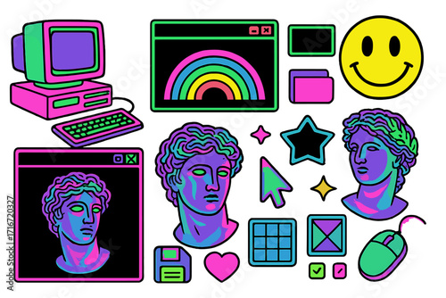 Y2K Neon Retro Computer Elements Set, Psychedelic Greek Sculpture Busts, Vintage PC Panels, User Interface Icons, 90s-00s Style Digital Art, Colorful Emojis, Windows Vector