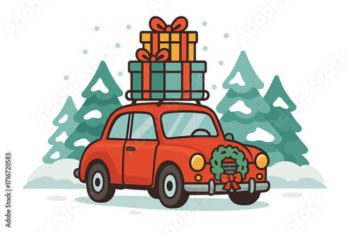 Retro red car with Christmas gifts on roof rack. Winter holiday travel concept. Classic automobile in snowy forest with presents and wreath. Flat vector graphic illustration.