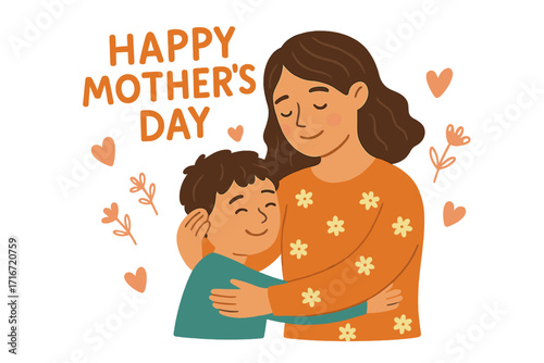 Happy Mother's Day greeting card with a mother and son hugging. Cute flat cartoon vector of family love, care, and affection. Mom embracing her child. Parent and kid.