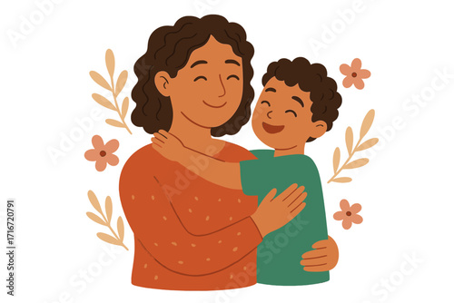 Happy Mother's Day greeting card. Loving mother and son hugging. Mom embracing child with a smile. Family love and motherhood concept. Flat hand drawn vector cartoon illustration.