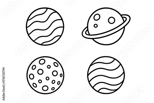 Planet icon set simple outline vector illustration. Collection of celestial bodies for astronomy and space design projects. Minimalist line art of Saturn, moon with craters, galaxy.