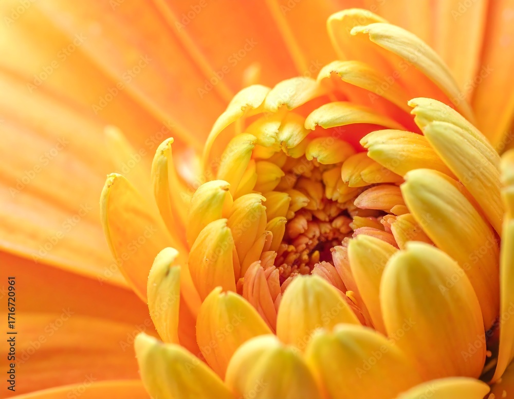Fototapeta premium Close-up view of a vibrant orange-yellow flower, showcasing intricate details of petals and the inner structure.