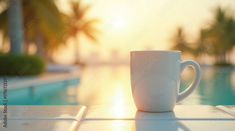 Fototapeta premium Minimalist White Mug on Glossy Tile with Palm Trees and Skyline