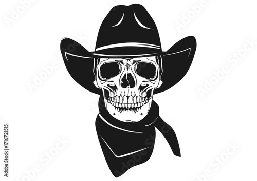 Skull in a cowboy hat. Halloween skull. Front view. Flat vector