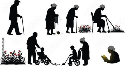 Elderly people silhouette, senior lifestyle, aging with dignity, caregiving moments, nature interaction, wheelchair support, peaceful retirement, flower gardening, reading, bonding