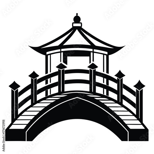 Minimalist Black and White Graphic of Asian Style Bridge and Pavilion Structure