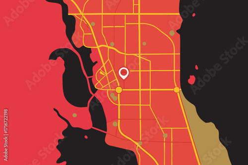 Red and Yellow City Map with Location Pin Keywords: map, city, red, yellow, gold, black, map of