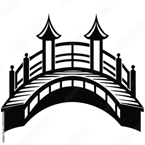 Vector Graphic of Ornate Black Bridge with PagodaStyle Pillars and Arched Structure
