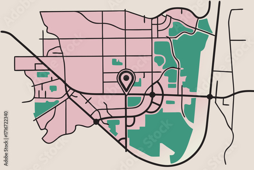 Stylized City Map With Location Pin and Green Park Areas urban navigation map of