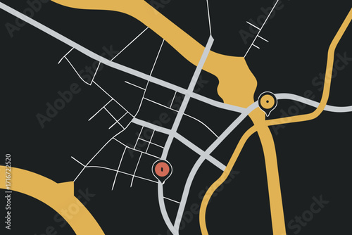 Abstract City Map with Yellow and Gray Roads on map of Black illustration urban