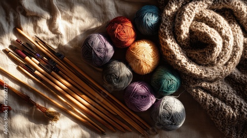 Colorful yarn balls with knitted blanket
