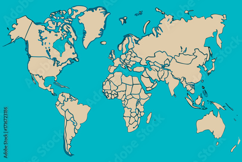 World Map With Teal map of Background And Beige Continents oceans