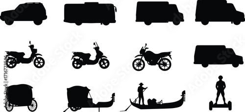 Silhouettes of Diverse Transportation Icons Including SUV, RV, Scooter, Motorcycle, Rickshaw, Gondola, Hoverboard, Cargo Van, Box Truck, and Minivan