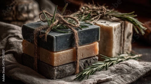 Rustic handmade soap bars tied with herbs
