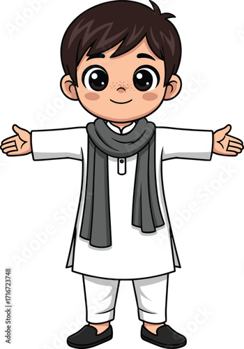 Child, cartoon, traditional, South Asian, attire, white kurta, pajama, scarf, smiling, welcoming, pose, culture, vector, illustration, black hair, expressive eyes, standing, open arms, ethnic, clothin
