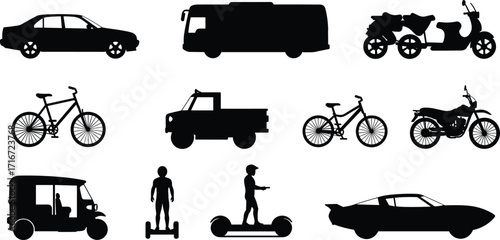 Silhouettes of Land and Personal Vehicles Including Car, Bus, Pickup, Motorcycle, Bicycle, Scooter, Rickshaw, Hoverboard, Segway, and Sports Car Icons