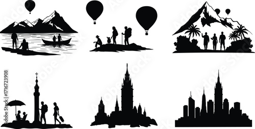 travel, adventure, tourism, hiking, canoe, hot air balloon, beach, cityscape, castle, mountains, vacation