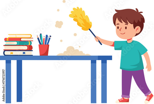 Cleaning, child, cartoon, table, duster, household, chore, responsibility, hygiene, dust, books, container, pens, learning, vector, illustration, teal shirt, red shoes, purple pants, environment