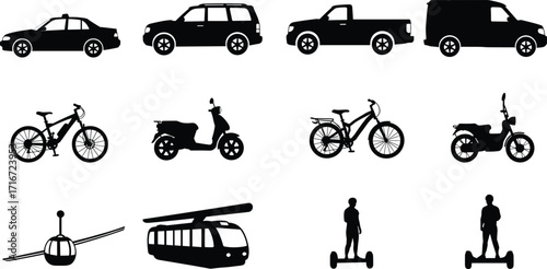 Silhouettes of Land, Air, and Personal Vehicles Including Car, SUV, Truck, Motorcycle, Bicycle, Scooter, Tram, Airplane, and Hoverboard Icons