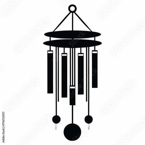 Black silhouette of a simple wind chime with round discs and cylindrical tubes