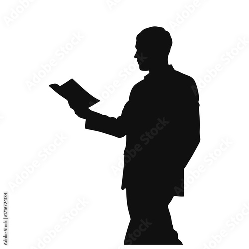 Man reading document while standing in silhouette against white background  
