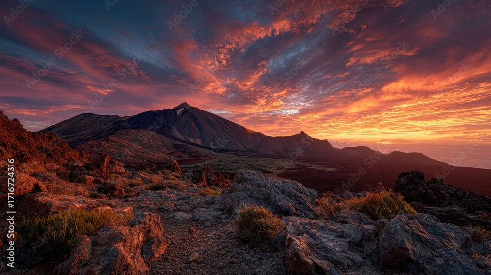 Obraz premium Vivid mountain sunset with dramatic sky 