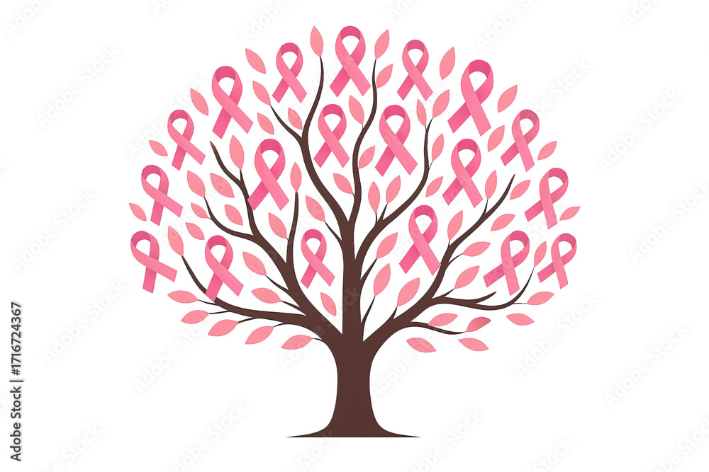 Obraz premium Pink ribbon tree symbol hope awareness support strength unity illustration on white background