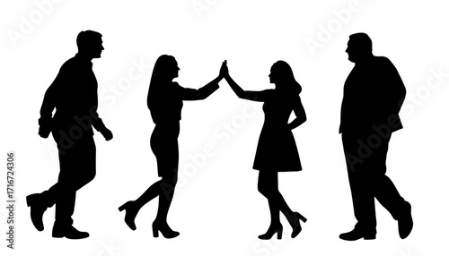 Silhouettes of four people interacting and socializing on white background  