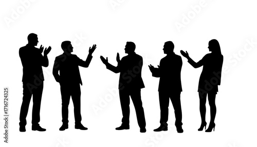 Silhouettes of five people applauding and celebrating on white background  