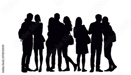 Groups of people interacting and socializing in silhouette form  