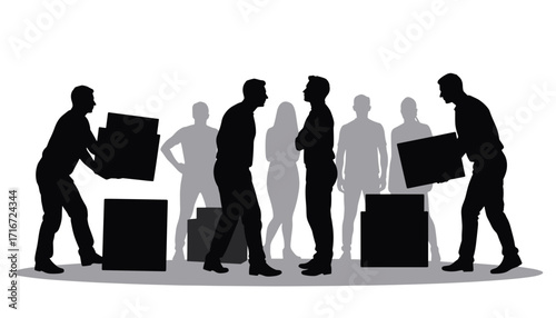 Silhouettes of people moving boxes and interacting in teamwork  