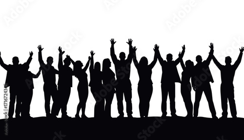 Group of people celebrating with raised hands in silhouette  