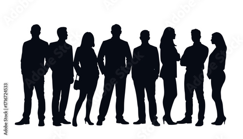 Group of silhouettes of diverse people standing and chatting together  