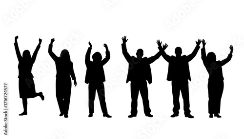 Group of diverse people celebrating with raised hands in silhouette  