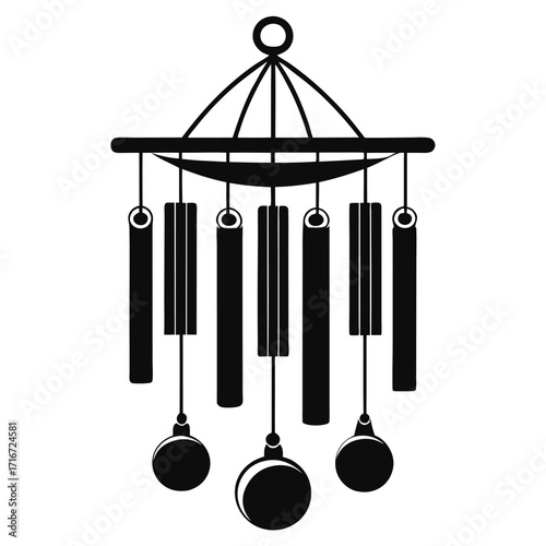 Black Silhouette Illustration of Wind Chimes with Hanging Balls and Tubes Design