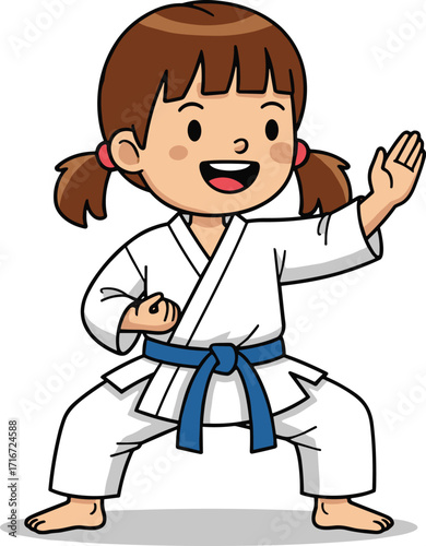 Karate, child, martial arts, blue belt, karate gi, cartoon, vector, illustration, discipline, training, sport, pose, action, confident, energetic, self-defense, fitness, pigtails, cheerful, white unif